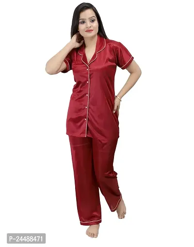 ANSH COLLECTION Women's Satin 2 Pcs Night Suit Set (1 Shirt, 1 Pyjama)-; [Satin-Ns]