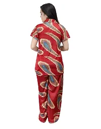 ANSH COLLECTION Women's Satin Printed 2 Pcs Night Suit (1 Shirt, 1 Pyjama), Red (Free Size); [FBA-Satin-Print-Leaf-Red]-thumb3