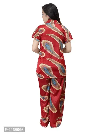 ANSH COLLECTION Women's Satin Printed 2 Pcs Night Suit (1 Shirt, 1 Pyjama), Red (Free Size); [FBA-Satin-Print-Leaf-Red]-thumb4