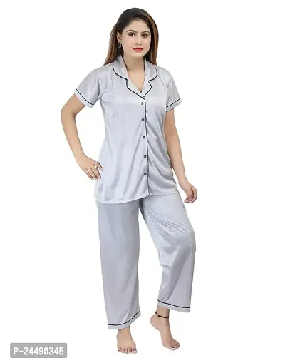 Ansh Collection Women's Satin 2 Pcs Night Suit Set (1 Shirt, 1 Pyjama)-; [Satin-1-Ns]-thumb2