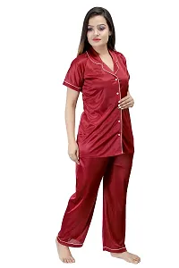 ANSH COLLECTION Women's Satin 2 Pcs Night Suit Set (1 Shirt, 1 Pyjama), Maroon (Free Size); [FBA-Satin-Marron-Ns]-thumb2