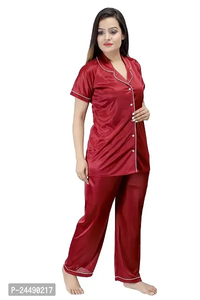 ANSH COLLECTION Women's Satin 2 Pcs Night Suit Set (1 Shirt, 1 Pyjama), Maroon (Free Size); [FBA-Satin-Marron-Ns]-thumb3