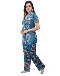 ANSH COLLECTION Women's Satin Printed 2 Pcs Night Suit (1 Shirt, 1 Pyjama), Blue (Free Size); [FBA-Satin-Print-Leaf-Blue]-thumb1