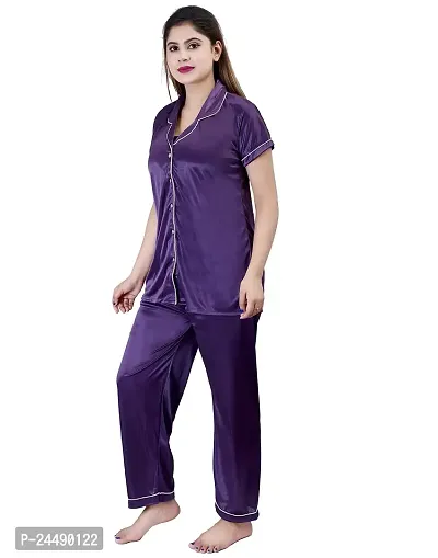 ANSH COLLECTION Women's Satin 4 Pcs Night Suit Set (1 Shirt, 1 Pyjama, 1 Short, 1 Eye Mask), Purple (Free Size); [FBA-Satin-Purple-I-Mask]-thumb2