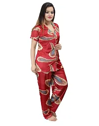 ANSH COLLECTION Women's Satin Printed 2 Pcs Night Suit (1 Shirt, 1 Pyjama), Red (Free Size); [FBA-Satin-Print-Leaf-Red]-thumb2