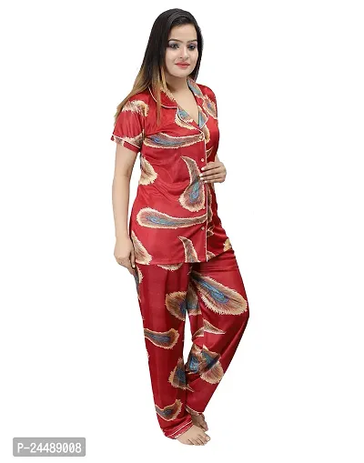 ANSH COLLECTION Women's Satin Printed 2 Pcs Night Suit (1 Shirt, 1 Pyjama), Red (Free Size); [FBA-Satin-Print-Leaf-Red]-thumb3