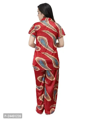 Ansh Collection Women's Satin Printed 2 Pcs Night Suit- (1 Shirt, 1 Pyjama); [Satin-2-Print-Leaf]-thumb4