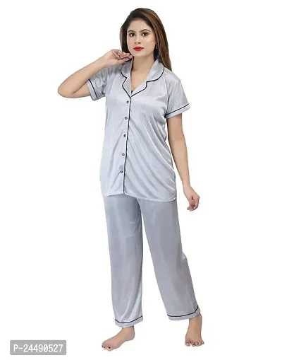 Ansh Collection Women's Satin 2 Pcs Night Suit Set (1 Shirt, 1 Pyjama)-; [Satin-2-Ns]-thumb3