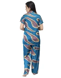 ANSH COLLECTION Women's Satin Printed 2 Pcs Night Suit- (1 Shirt, 1 Pyjama); [Satin-Print-Leaf]-thumb3