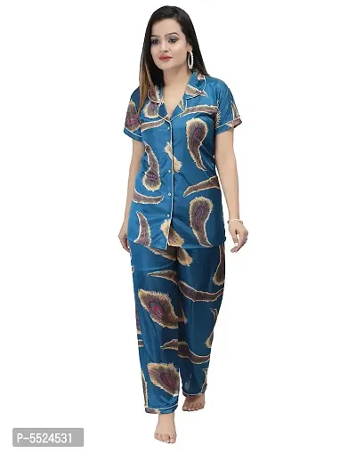 Fashionable Attractive Blue Satin Printed Night Shirt with Pyjama For Women