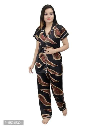 Fashionable Attractive Black Satin Printed Night Shirt with Pyjama For Women-thumb0