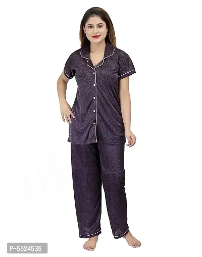 Fashionable Attractive Satin Printed Night Shirt with Pyjama For Women-thumb0