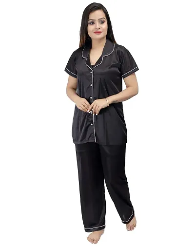 Ansh Collection Women's Satin 2 Pcs Night Suit Set (1 Shirt, 1 Pyjama)- (XL); [Satin-1-Black-Ns-XL]