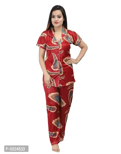 Fashionable Attractive Red Satin Printed Night Shirt with Pyjama For Women