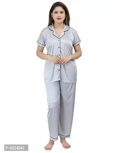Fashionable Attractive White Satin Printed Night Shirt with Pyjama For Women