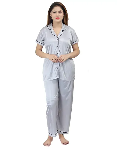 ANSH COLLECTION Women's Satin 2 Pcs Night Suit Set (1 Shirt, 1 Pyjama), (Free Size); [FBA-Satin-Grey-Ns]