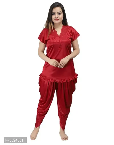 Attractive Maroon Satin Self Pattern Top with Patiala Pant Set For Women