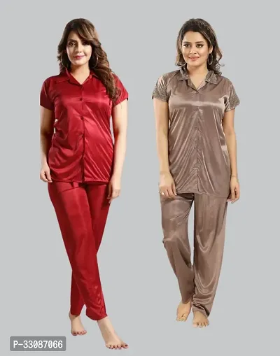 Fancy Satin Solid Night Suit Set For Women Pack of 2-thumb0