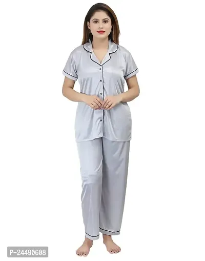 Ansh Collection Women's Satin 2 Pcs Night Suit Set (1 Shirt, 1 Pyjama)-; [Satin-4-Ns]-thumb0