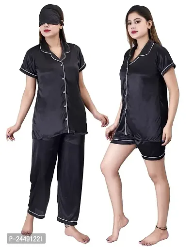 ANSH COLLECTION Women's Satin 4 Pcs Night Suit Set (1 Shirt, 1 Pyjama, 1 Short, 1 Eye Mask), Black (Free Size); [FBA-Satin-Black-I-Mask]-thumb0