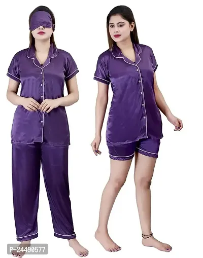 Ansh Collection Women's Satin 4 Pcs Night Suit Set (1 Shirt, 1 Pyjama, 1 Short, 1 Eye Mask); [Satin-3-I-Mask]-thumb0