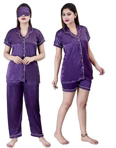 Ansh Collection Women's Satin 4 Pcs Night Suit Set (1 Shirt, 1 Pyjama, 1 Short, 1 Eye Mask); [Satin-3-I-Mask]