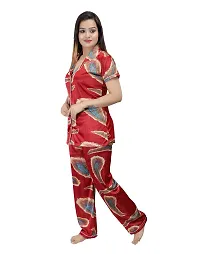 ANSH COLLECTION Women's Satin Printed 2 Pcs Night Suit (1 Shirt, 1 Pyjama), Red (Free Size); [FBA-Satin-Print-Leaf-Red]-thumb1