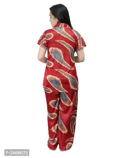 Ansh Collection Women's Satin Printed 2 Pcs Night Suit- (1 Shirt, 1 Pyjama); [Satin-4-Print-Leaf]-thumb4