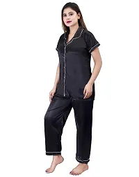 ANSH COLLECTION Women's Satin 4 Pcs Night Suit Set (1 Shirt, 1 Pyjama, 1 Short, 1 Eye Mask), Black (Free Size); [FBA-Satin-Black-I-Mask]-thumb1