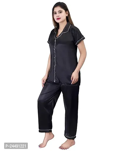 ANSH COLLECTION Women's Satin 4 Pcs Night Suit Set (1 Shirt, 1 Pyjama, 1 Short, 1 Eye Mask), Black (Free Size); [FBA-Satin-Black-I-Mask]-thumb2