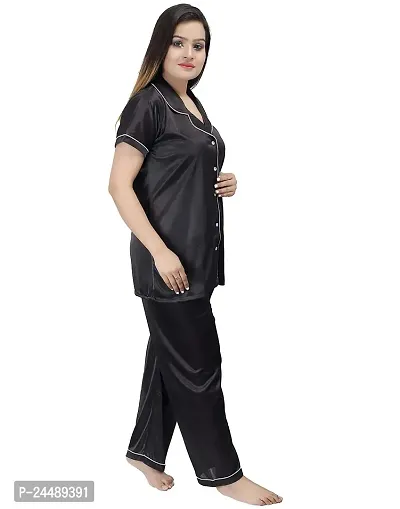 ANSH COLLECTION Women's Satin 2 Pcs Night Suit Set (1 Shirt, 1 Pyjama), Black (Free Size); [FBA-Satin-Black-Ns]-thumb2