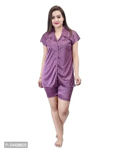 Ansh Collection Women's Satin 2 Pcs Night Suit Set (1 Shirt, 1 Shorts); [Satin-3-Short-]-thumb0