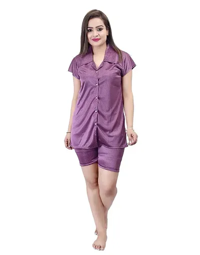 Ansh Collection Women's Satin 2 Pcs Night Suit Set (1 Shirt, 1 Shorts); [Satin-3-Short-]