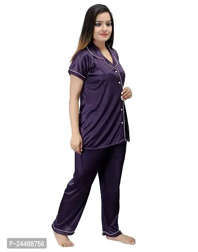 ANSH COLLECTION Women's Satin 2 Pcs Night Suit Set (1 Shirt, 1 Pyjama)-; [Satin-Ns]-thumb2