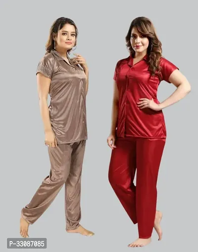 Fancy Satin Solid Night Suit Set For Women Pack of 2-thumb0