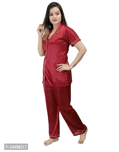 ANSH COLLECTION Women's Satin 2 Pcs Night Suit Set (1 Shirt, 1 Pyjama), Maroon (Free Size); [FBA-Satin-Marron-Ns]-thumb2