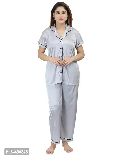 Ansh Collection Women's Satin 2 Pcs Night Suit Set (1 Shirt, 1 Pyjama)-; [Satin-1-Ns]-thumb0