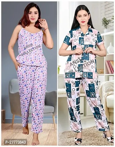 Stylish Multicoloured Cotton Blend Printed Lounge Set Pack Of 2-thumb0
