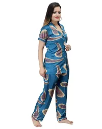 ANSH COLLECTION Women's Satin Printed 2 Pcs Night Suit- (1 Shirt, 1 Pyjama); [Satin-Print-Leaf]-thumb2