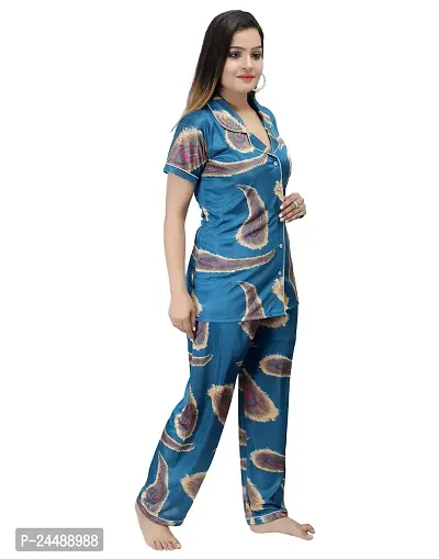 ANSH COLLECTION Women's Satin Printed 2 Pcs Night Suit- (1 Shirt, 1 Pyjama); [Satin-Print-Leaf]-thumb3