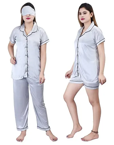 Ansh Collection Women's Satin 4 Pcs Night Suit Set (1 Shirt, 1 Pyjama, 1 Short, 1 Eye Mask); [Satin-3-I-Mask]