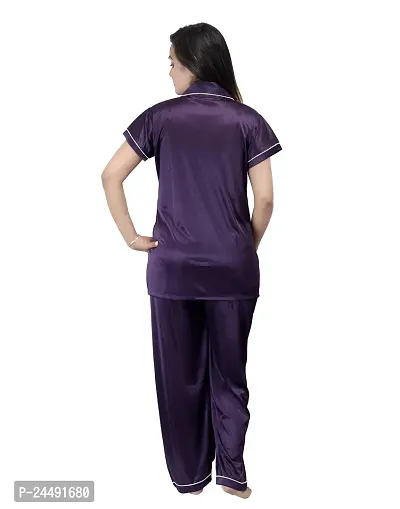 ANSH COLLECTION Women's Satin 2 Pcs Night Suit Set (1 Shirt, 1 Pyjama), Purple (Free Size); [FBA-Satin-Purple-Ns]-thumb4