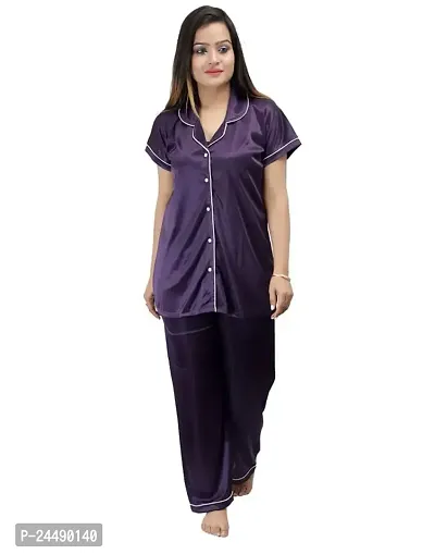 Ansh Collection Women's Satin 2 Pcs Night Suit Set (1 Shirt, 1 Pyjama)-; [Satin-1-Ns]-thumb0