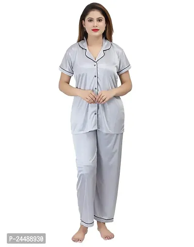 ANSH COLLECTION Women's Satin 2 Pcs Night Suit Set (1 Shirt, 1 Pyjama)-; [Satin-Ns]