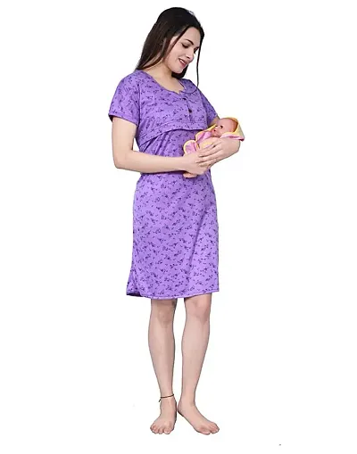 Ansh Collection Women's Hosiery Cotton Knee Length Nursing, Feeding, Maternity Nighty with Zip Opening at Bust ; [Hosiery-5-Feeding-Short]