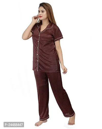 ANSH COLLECTION Women's Satin Printed 2 Pcs Night Suit (1 Shirt, 1 Pyjama) -; [Satin-Print-Dot-]-thumb2