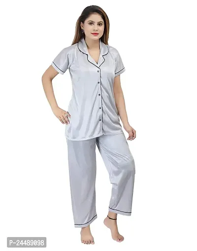 ANSH COLLECTION Women's Satin 2 Pcs Night Suit Set (1 Shirt, 1 Pyjama), Grey (Free Size); [FBA-Satin-Grey-Ns]-thumb2