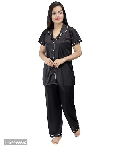 Ansh Collection Women's Satin 2 Pcs Night Suit Set (1 Shirt, 1 Pyjama)-; [Satin-1-Ns]-thumb0