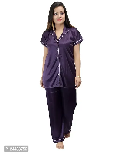 ANSH COLLECTION Women's Satin 2 Pcs Night Suit Set (1 Shirt, 1 Pyjama)-; [Satin-Ns]-thumb0