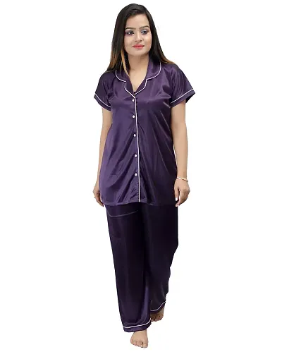 ANSH COLLECTION Women's Satin 2 Pcs Night Suit Set (1 Shirt, 1 Pyjama)-; [Satin-Ns]